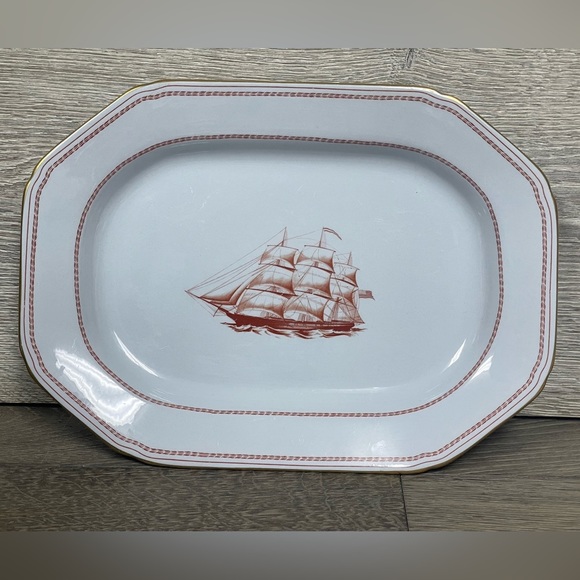 1960s Vintage 12" Oval Serving Platter Trade Winds Red with Gold Trim by SPODE - Picture 1 of 11